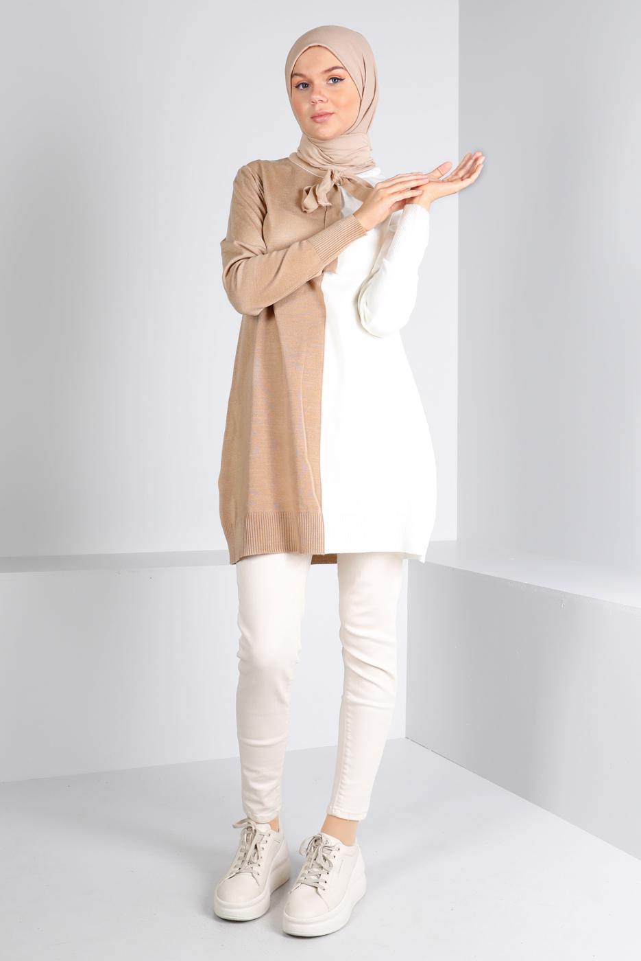 Tesettür giyim KAHVE BAĞLAMA DETAYLI İKİ RENKLİ TRİKO TUNİK 43167