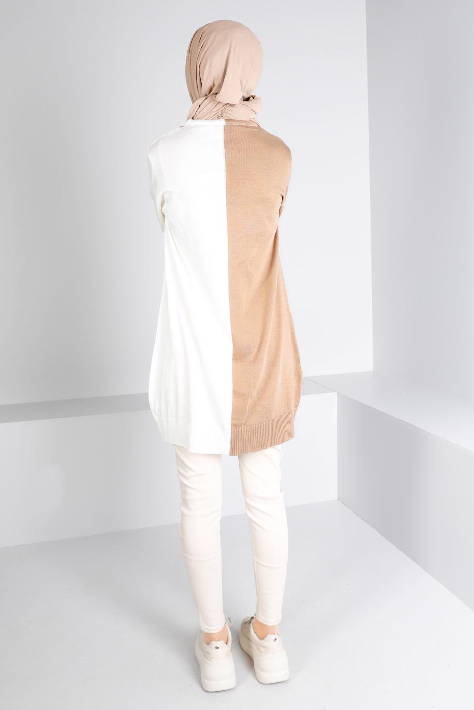 Tesettür giyim KAHVE BAĞLAMA DETAYLI İKİ RENKLİ TRİKO TUNİK 43167