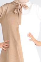 Tesettür giyim KAHVE BAĞLAMA DETAYLI İKİ RENKLİ TRİKO TUNİK 43167