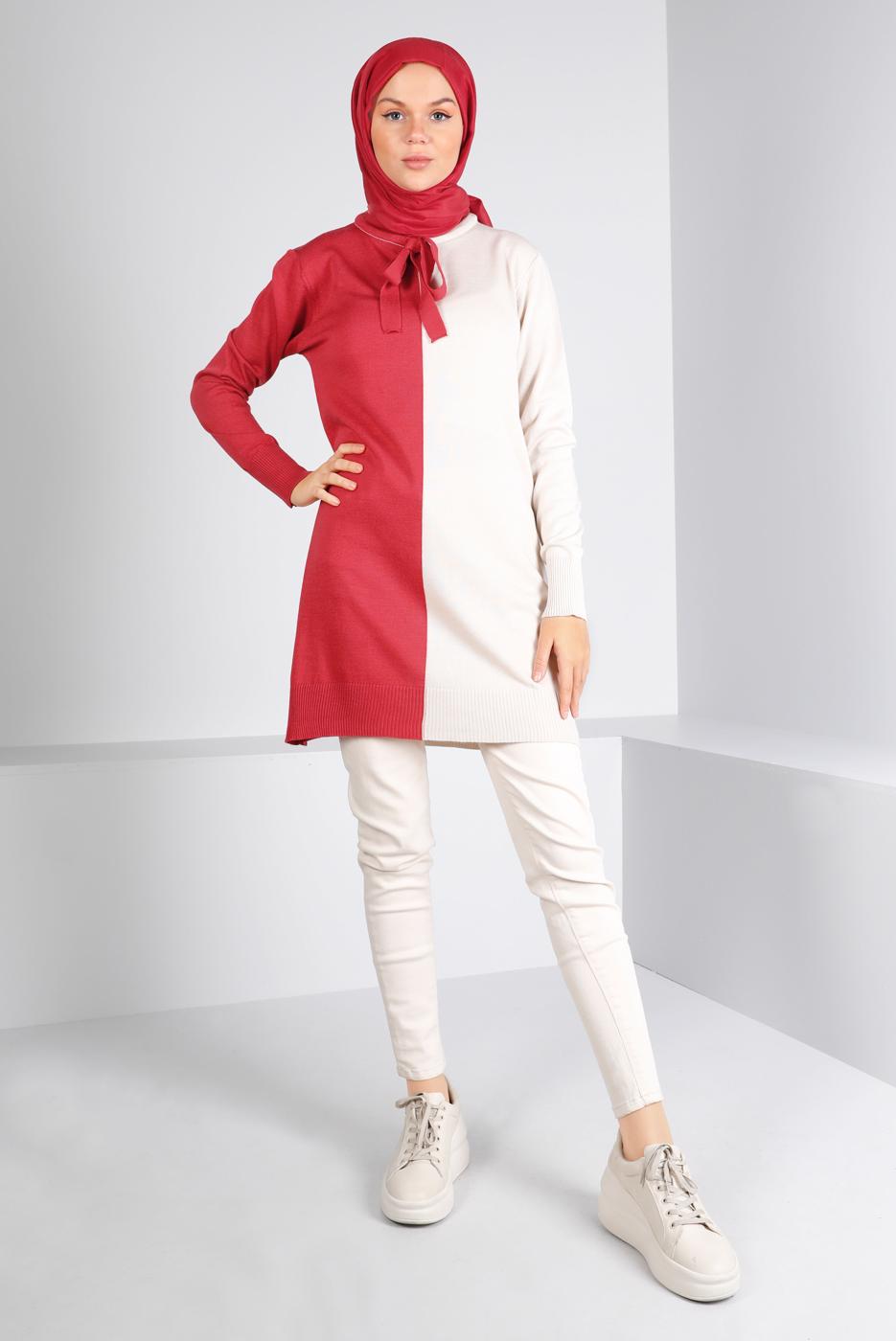 Tesettür giyim PEMBE BAĞLAMA DETAYLI İKİ RENKLİ TRİKO TUNİK 43167