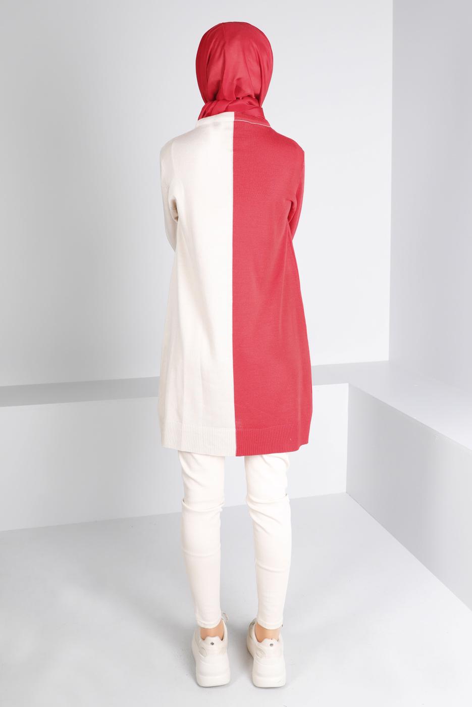 Tesettür giyim PEMBE BAĞLAMA DETAYLI İKİ RENKLİ TRİKO TUNİK 43167