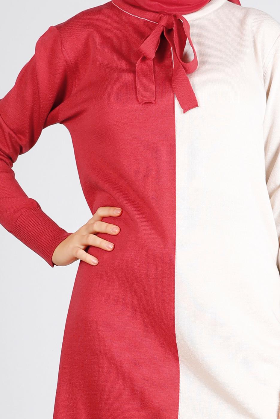 Tesettür giyim PEMBE BAĞLAMA DETAYLI İKİ RENKLİ TRİKO TUNİK 43167