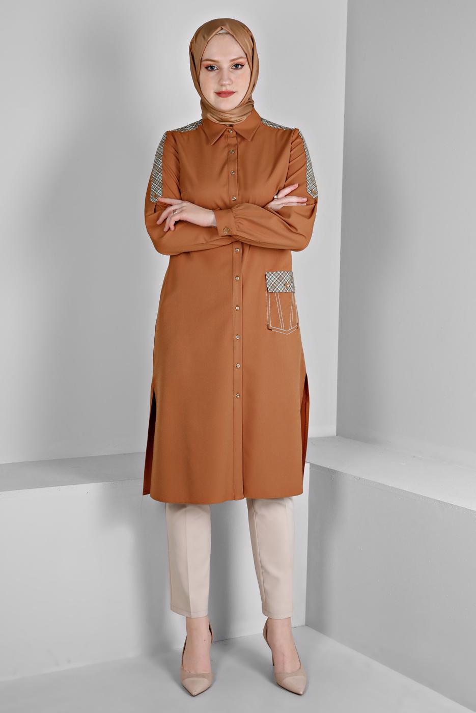 Tesettür giyim TURUNCU ALVİNA GÖMLEK YAKA TUNİK T 43261