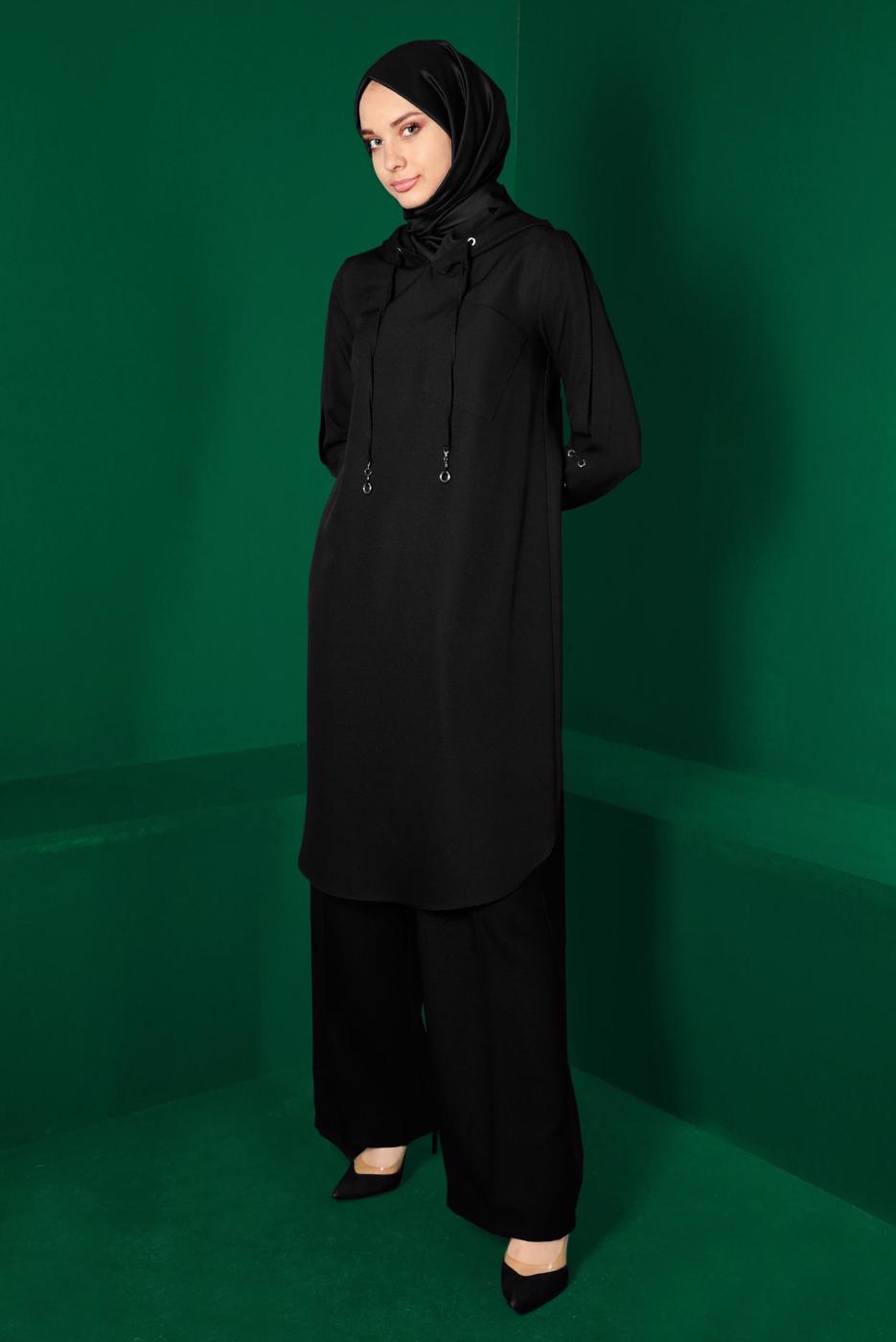 Tesettür giyim SİYAH ALVİNA KAPÜŞONLU KREP TUNİK T 43269