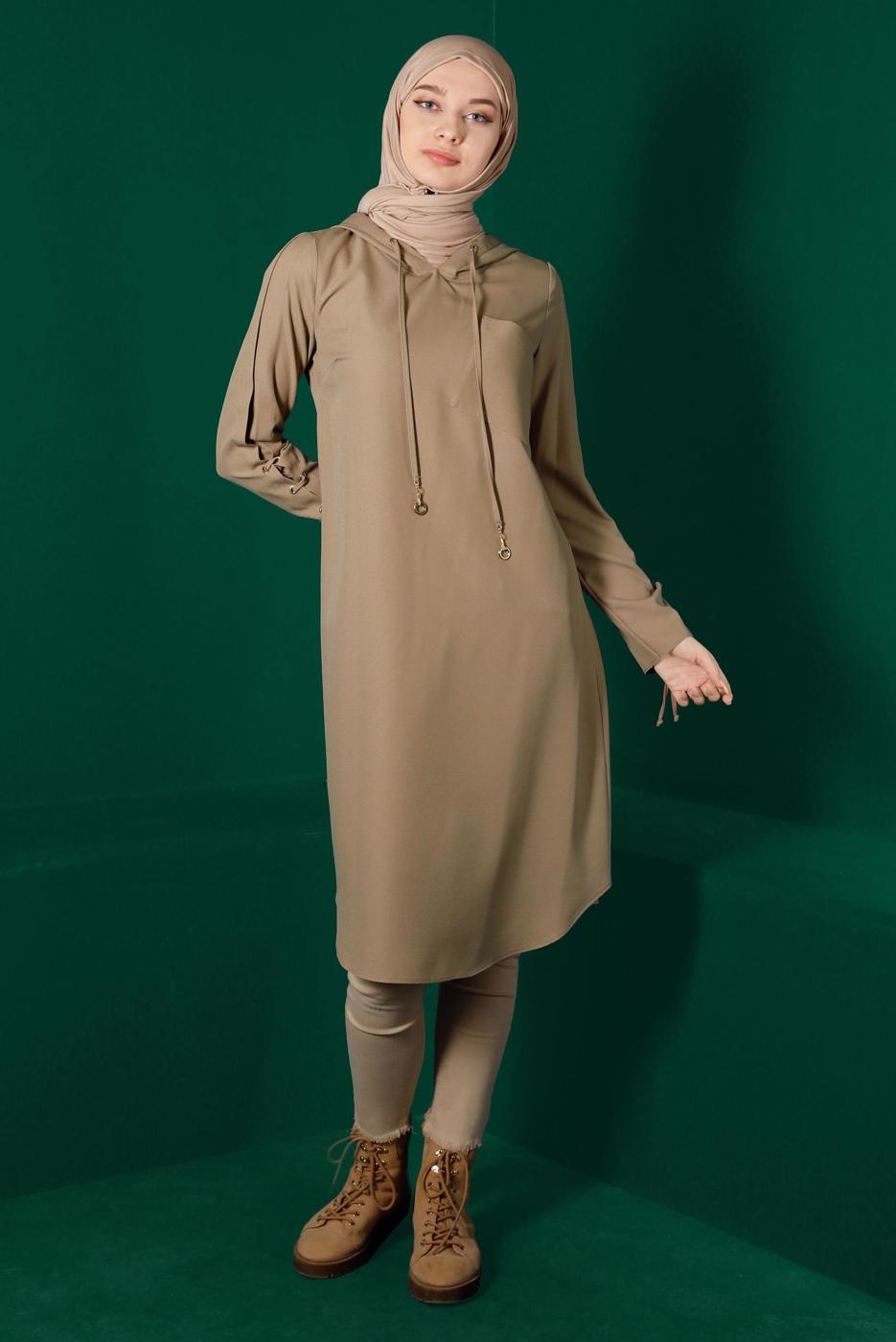 Tesettür giyim KAHVE ALVİNA KAPÜŞONLU KREP TUNİK T 43269