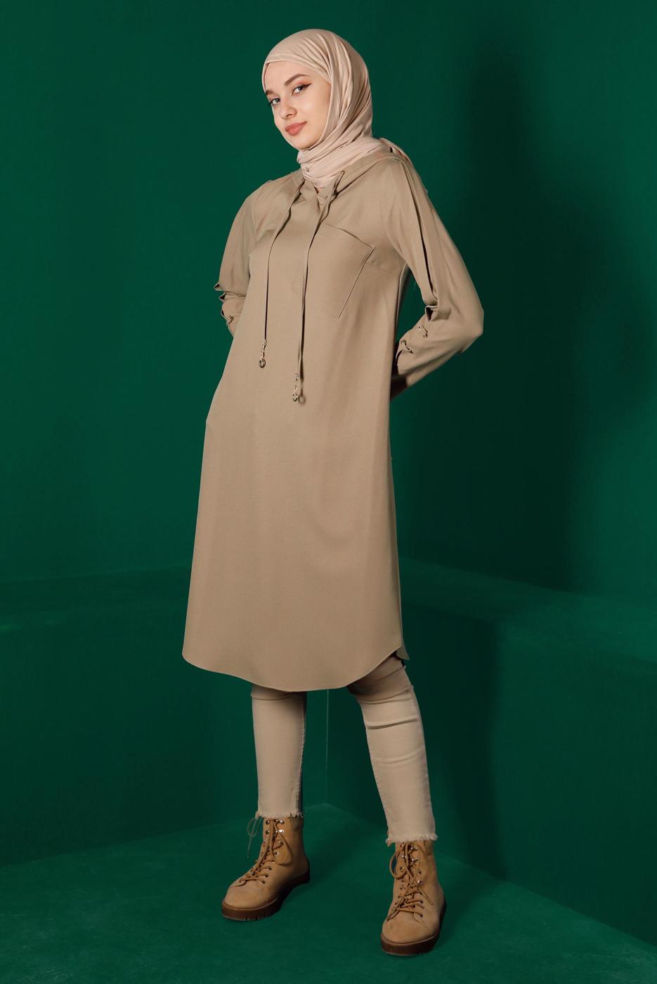 Tesettür giyim KAHVE ALVİNA KAPÜŞONLU KREP TUNİK T 43269