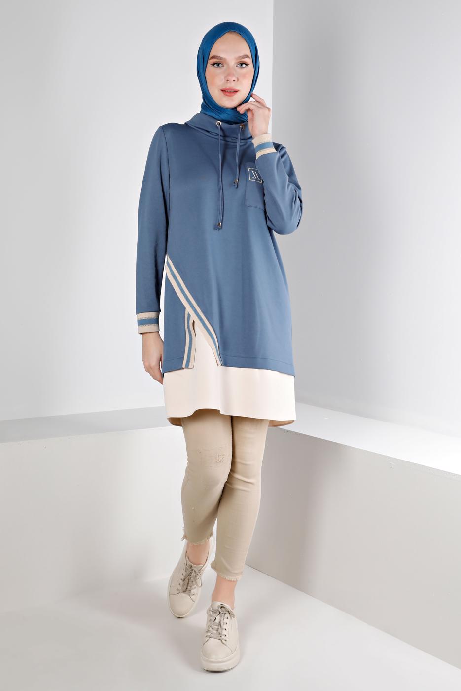 Tesettür giyim LACİVERT ALVİNA BAĞCIK DETAYLI TUNİK T 43355