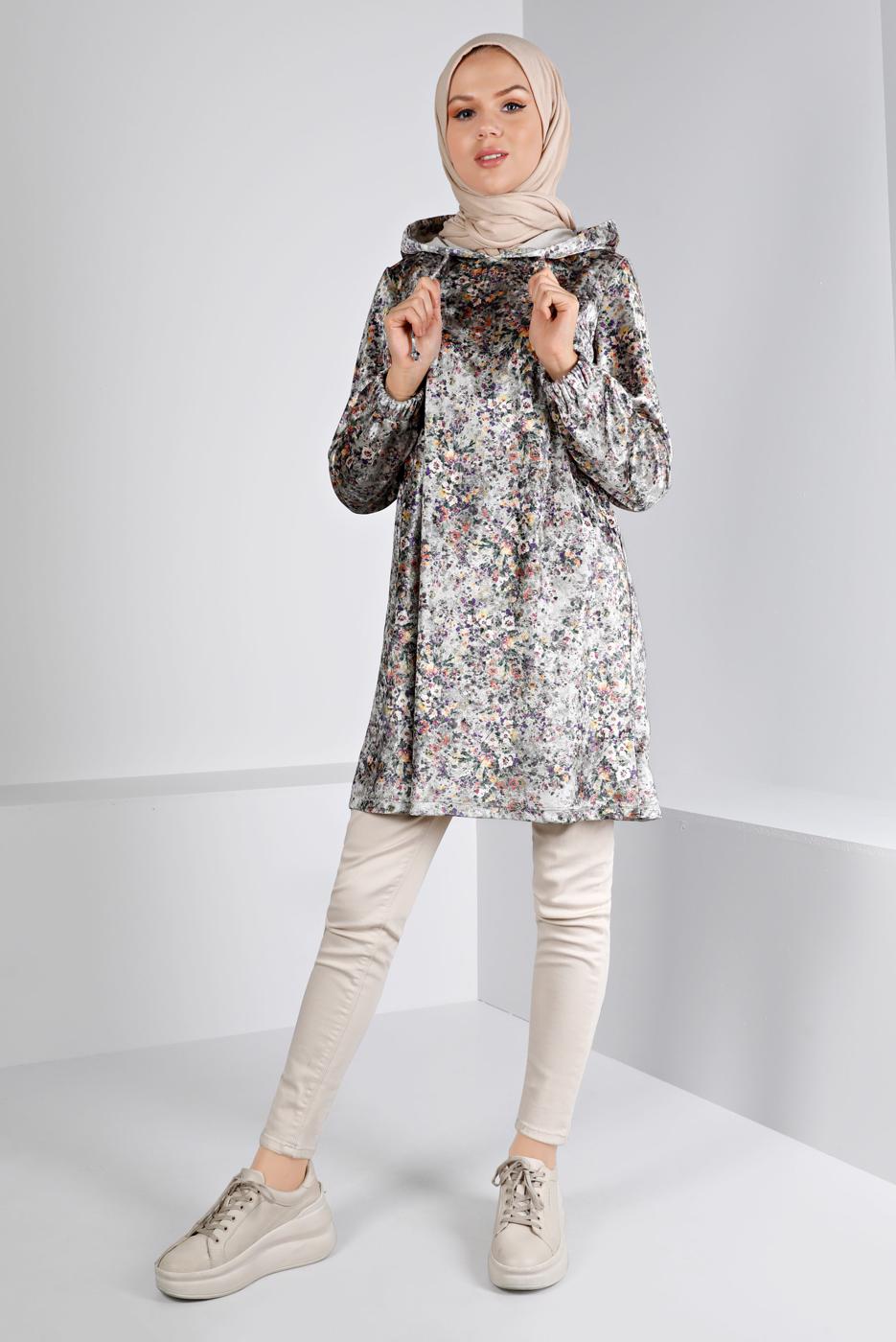 Tesettür giyim GRİ ALVİNA DESENLİ KADİFE TUNİK T 43392