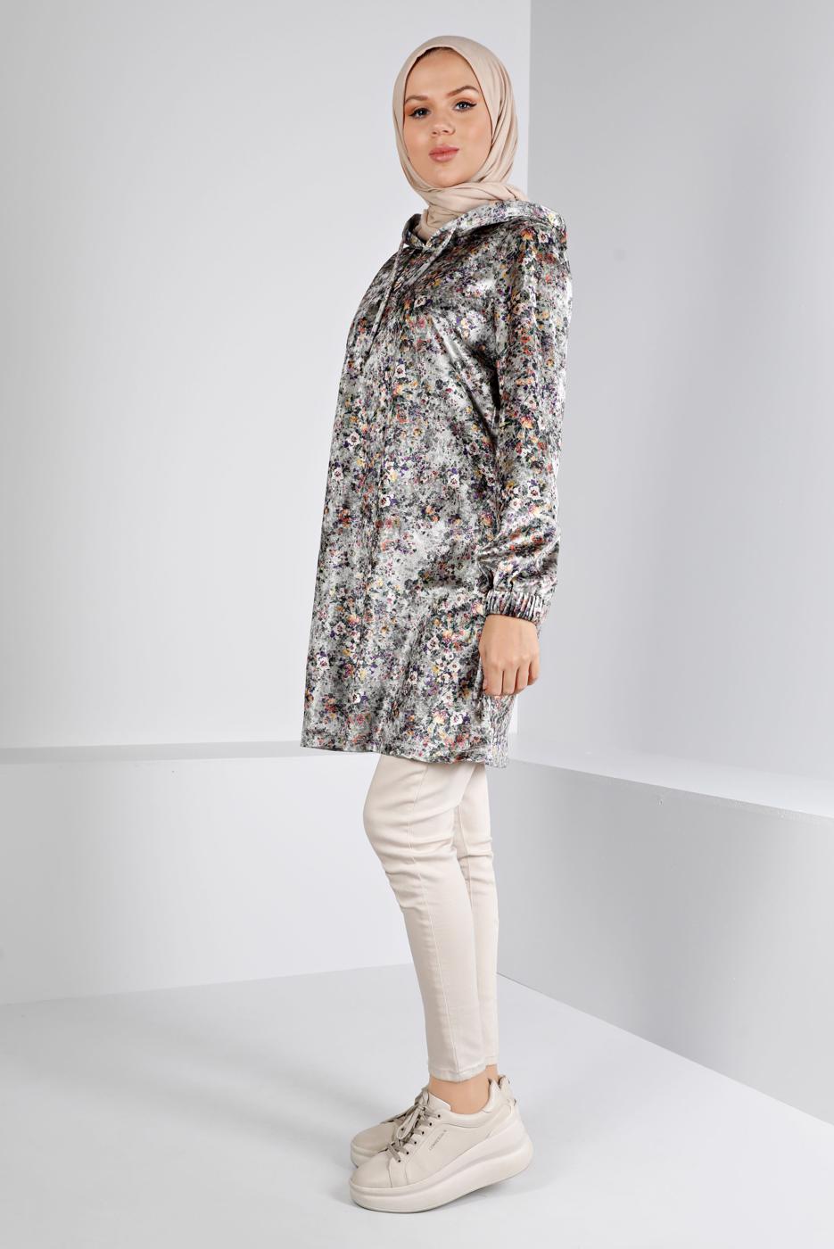 Tesettür giyim GRİ ALVİNA DESENLİ KADİFE TUNİK T 43392