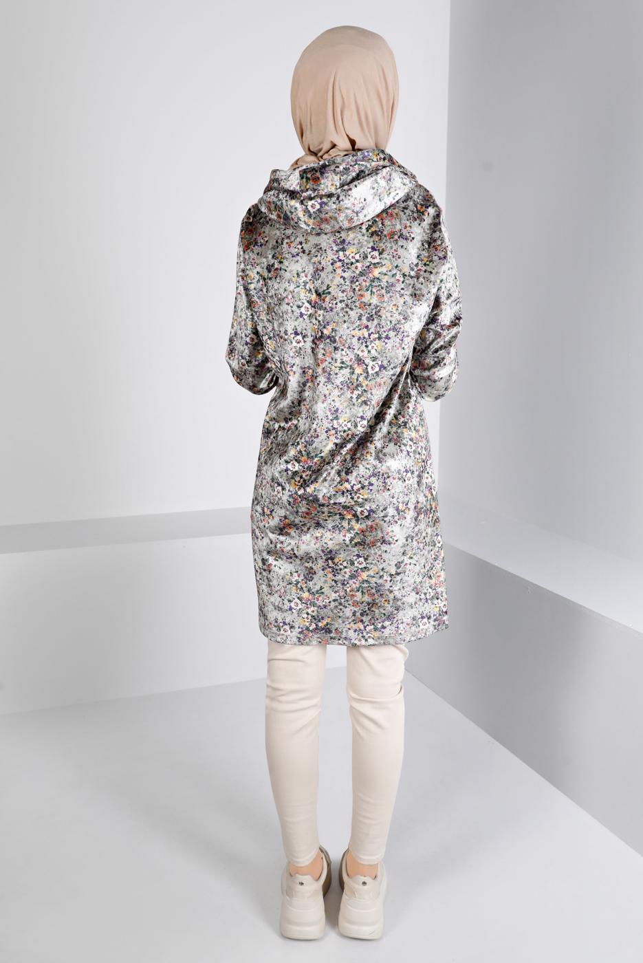 Tesettür giyim GRİ ALVİNA DESENLİ KADİFE TUNİK T 43392