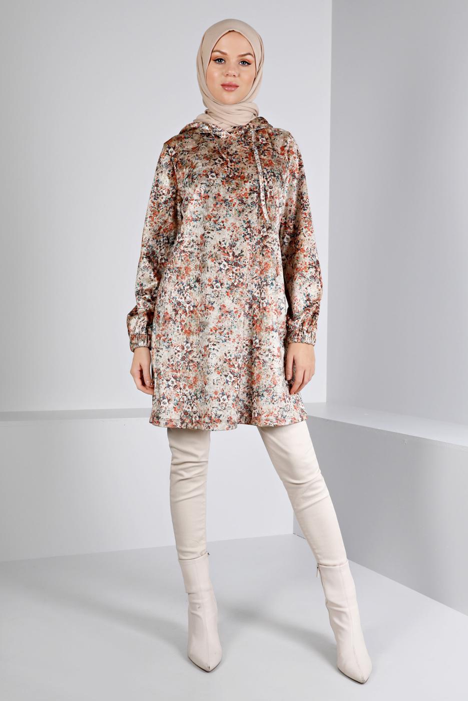 Tesettür giyim BEJ ALVİNA DESENLİ KADİFE TUNİK T 43392