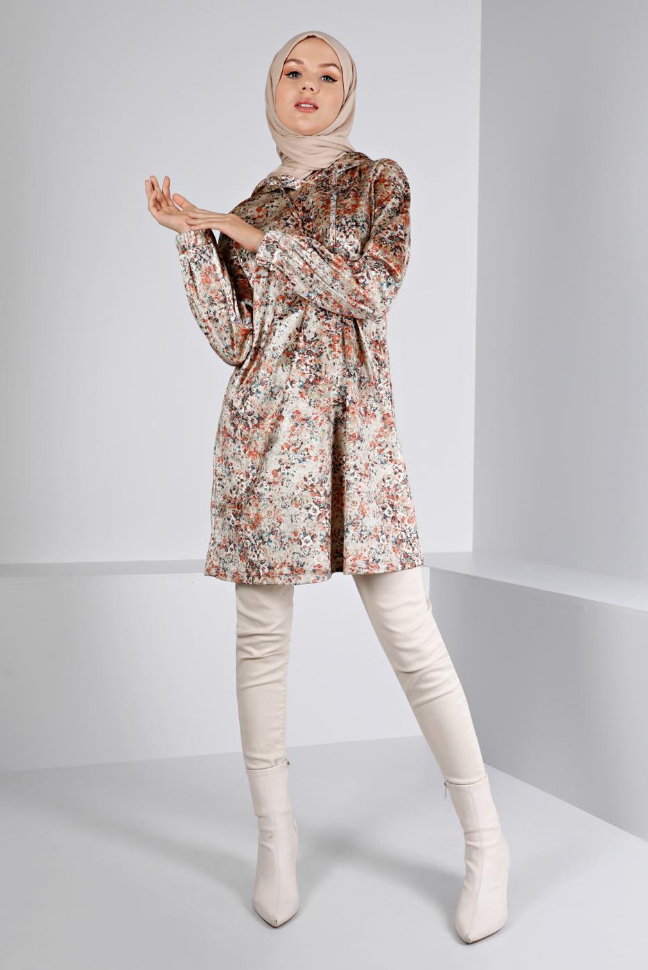 Tesettür giyim BEJ ALVİNA DESENLİ KADİFE TUNİK T 43392