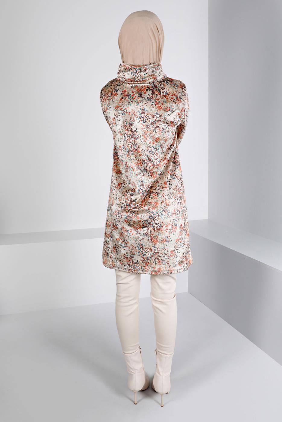 Tesettür giyim BEJ ALVİNA DESENLİ KADİFE TUNİK T 43392