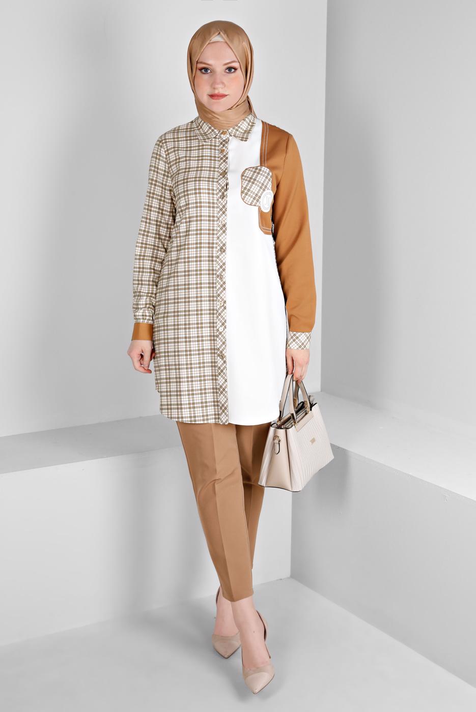 Tesettür giyim TURUNCU ALVİNA EKOSE DESENLİ TUNİK T 43396