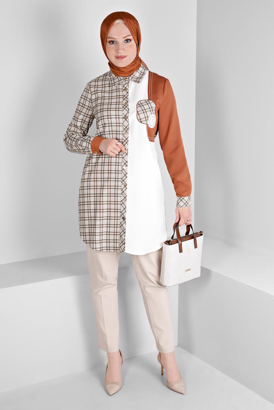 Tesettür giyim KAHVE ALVİNA EKOSE DESENLİ TUNİK T 43396