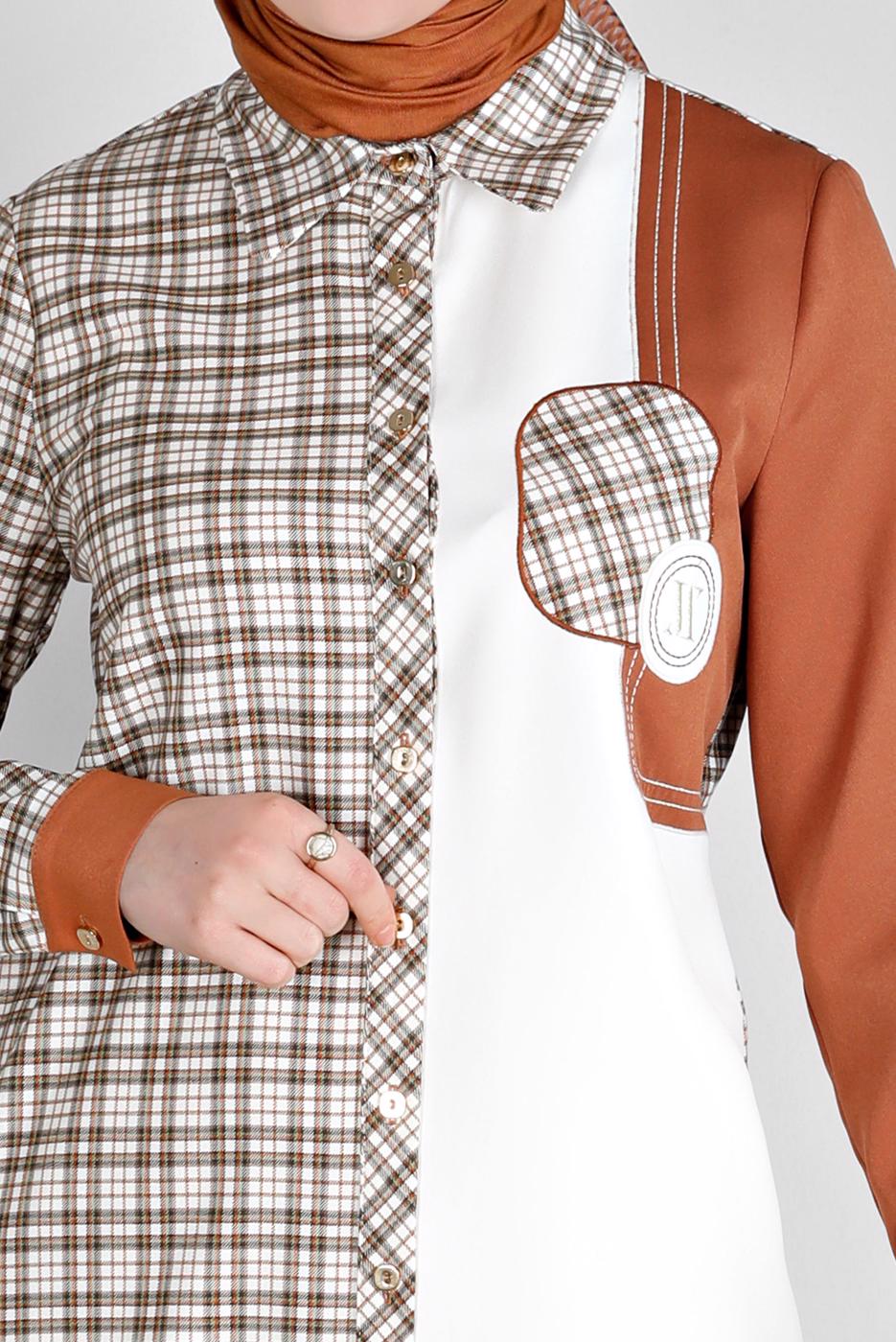 Tesettür giyim KAHVE ALVİNA EKOSE DESENLİ TUNİK T 43396