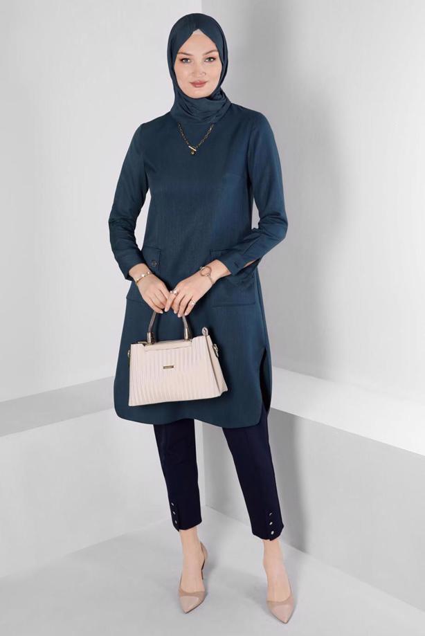 Hijab clothing NAVY BLUE ALVINA TUNIC WITH POCKET DETAIL T 43424 - TRENDTESETTÜR