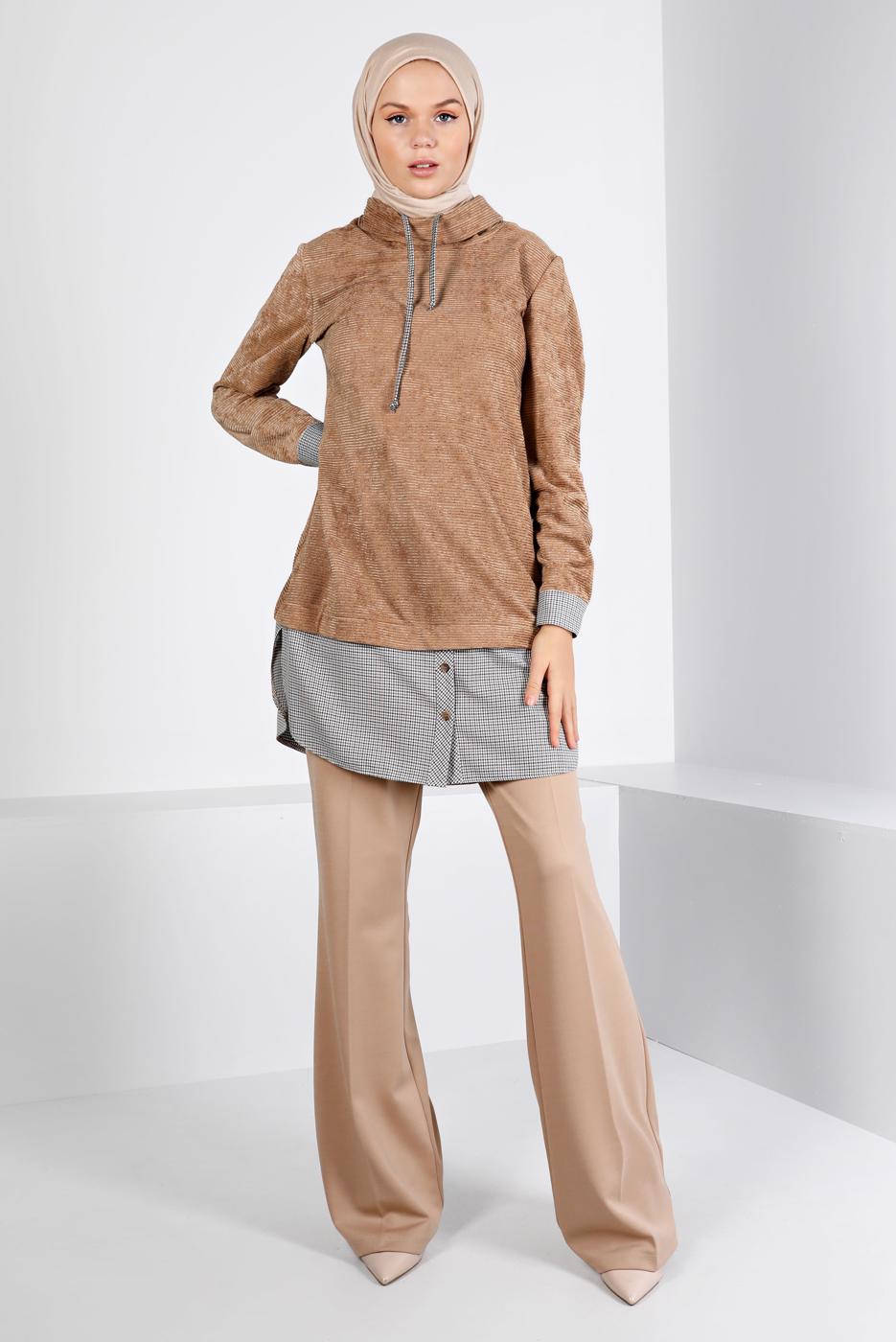 Tesettür giyim KAHVE ALVİNA KADİFE TUNİK T 43438