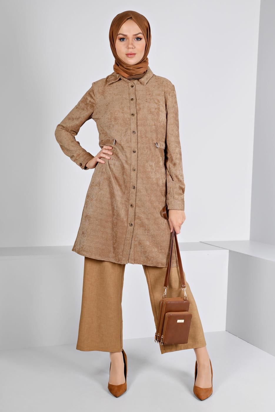 Tesettür giyim KAHVE ALVİNA KADİFE TUNİK T 43441