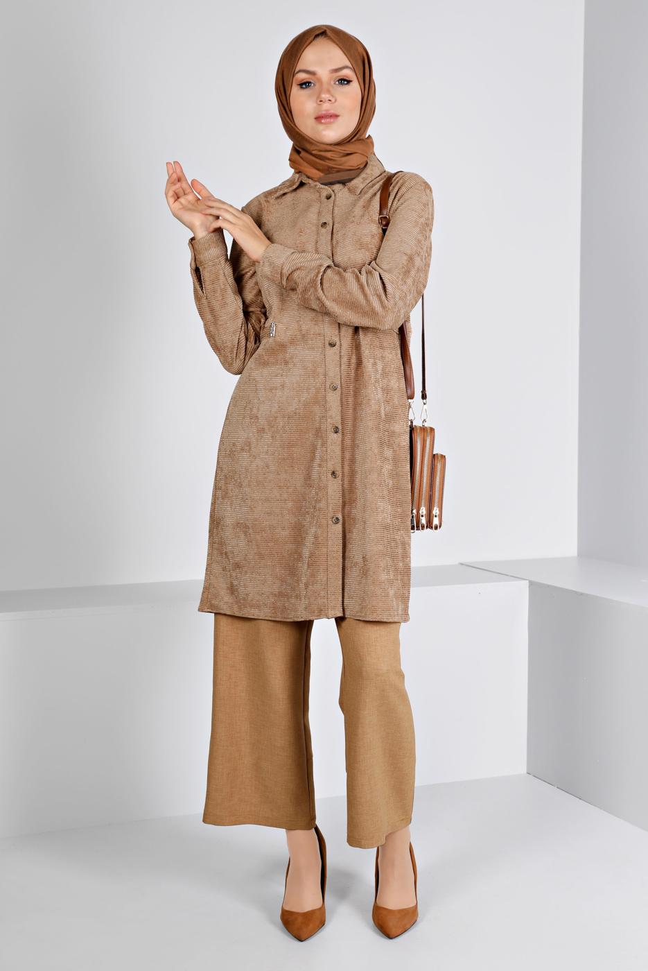 Tesettür giyim KAHVE ALVİNA KADİFE TUNİK T 43441