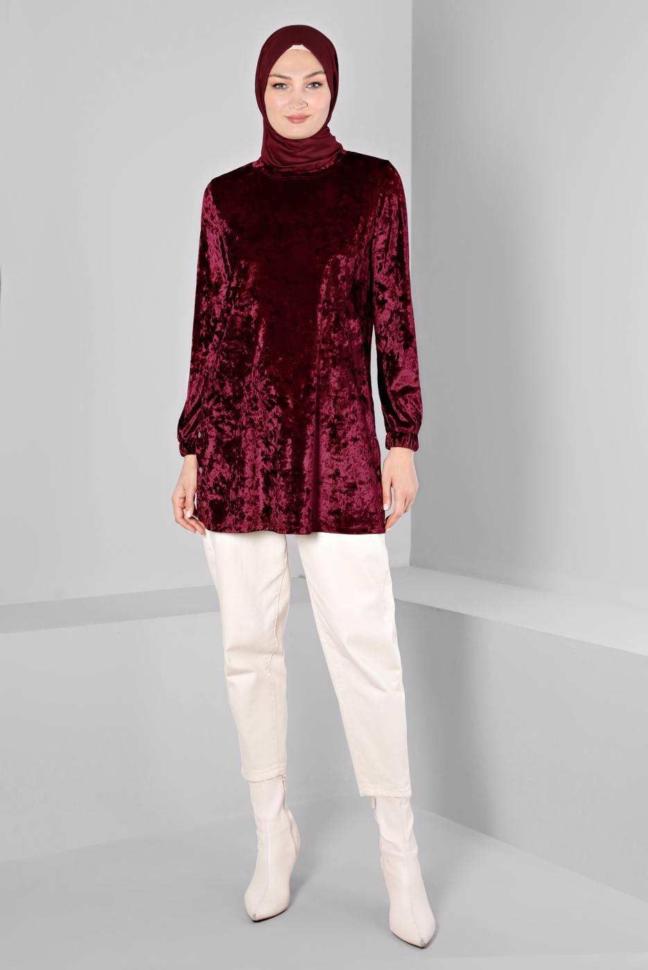 Tesettür giyim BORDO ALVİNA DÜZ KADİFE TUNİK T 43447