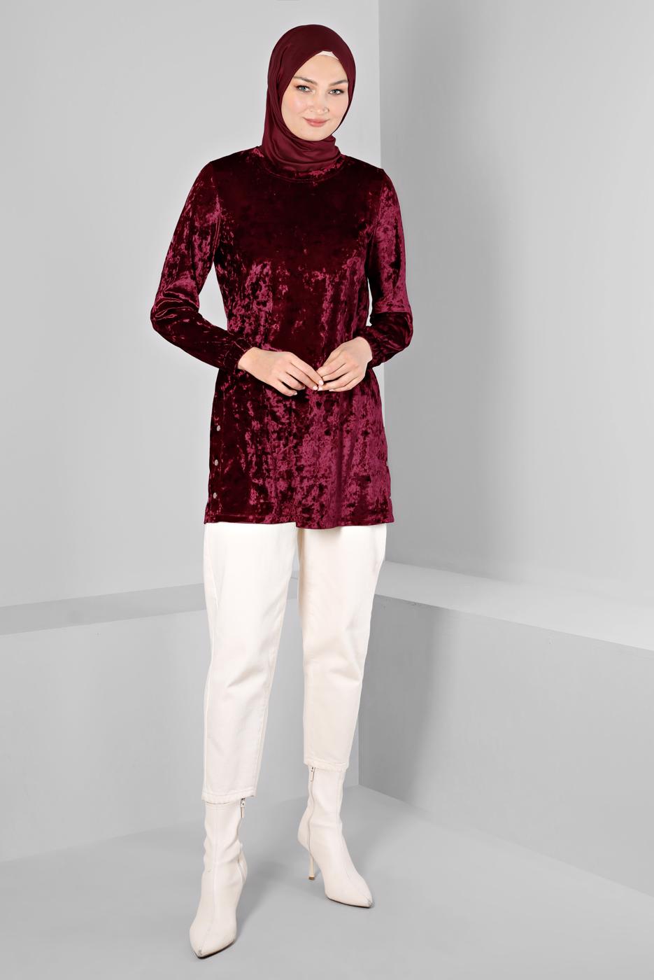 Tesettür giyim BORDO ALVİNA DÜZ KADİFE TUNİK T 43447