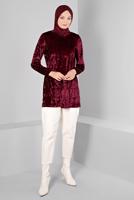 Tesettür giyim BORDO ALVİNA DÜZ KADİFE TUNİK T 43447