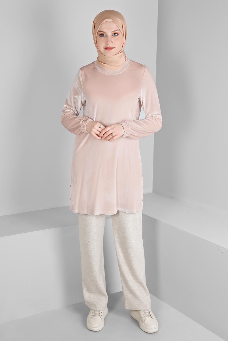 Tesettür giyim PEMBE ALVİNA DÜZ KADİFE TUNİK T 43447