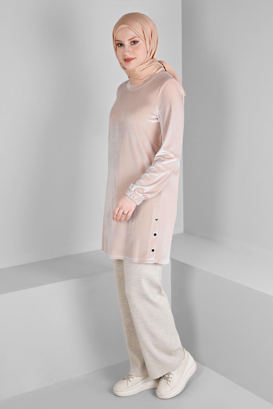 Tesettür giyim PEMBE ALVİNA DÜZ KADİFE TUNİK T 43447