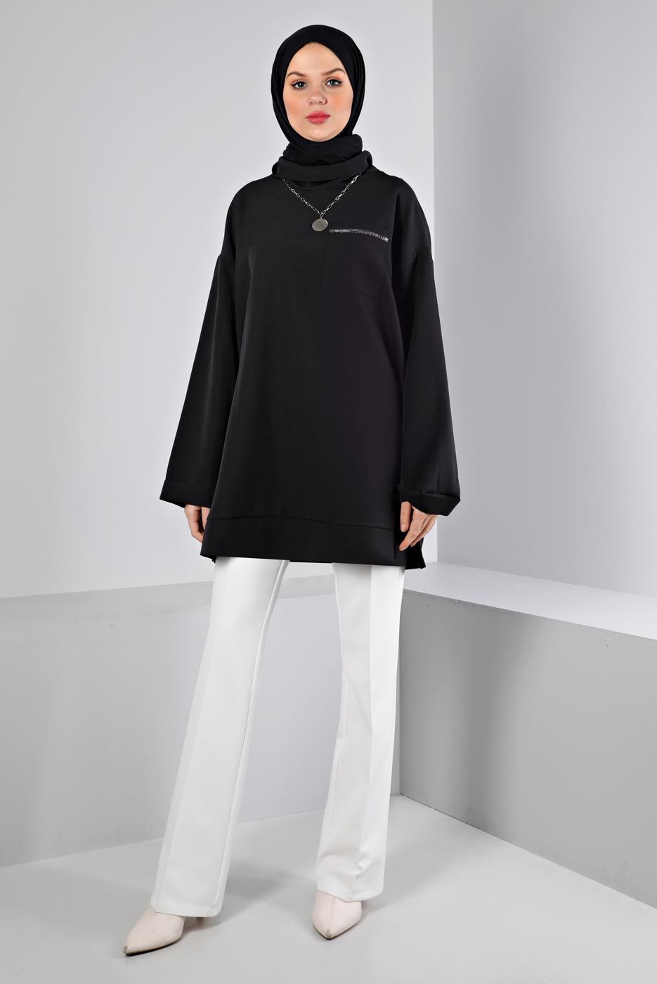 Tesettür giyim SİYAH ALVİNA DEGAJE YAKA TUNİK T 43453