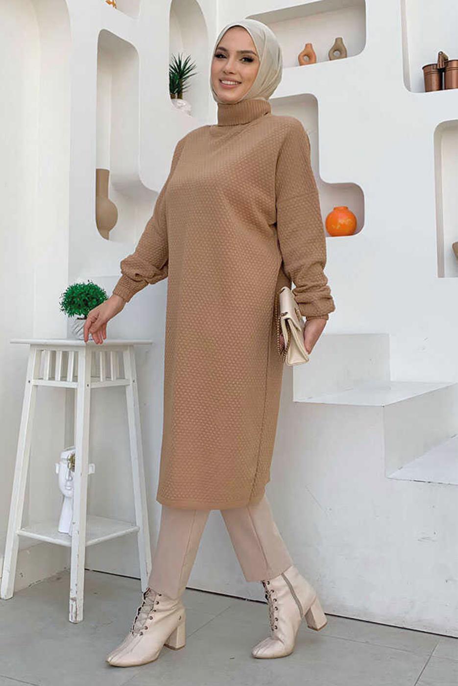 Tesettür giyim TABA UZUN TRİKO TUNİK T 51222