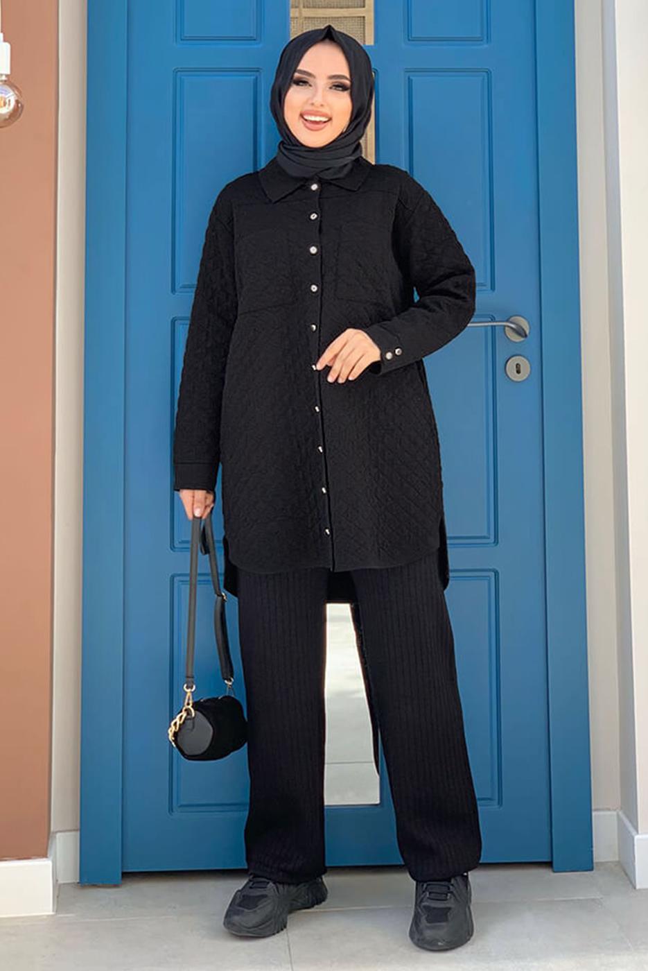 Tesettür giyim SİYAH CEPLİ DÜĞMELİ KAPİTONE TUNİK 5216