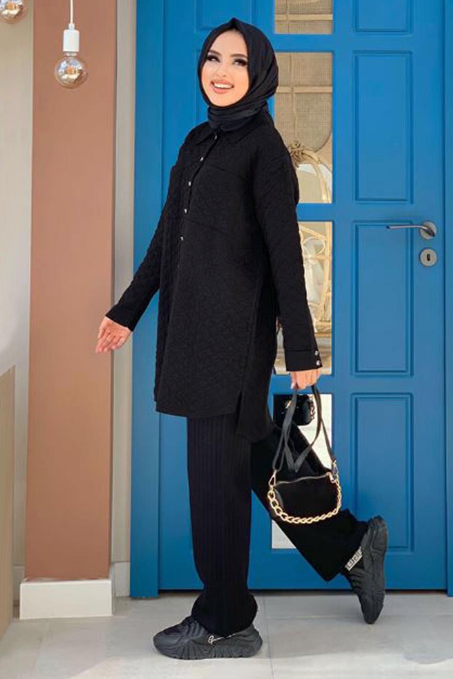 Tesettür giyim SİYAH CEPLİ DÜĞMELİ KAPİTONE TUNİK 5216