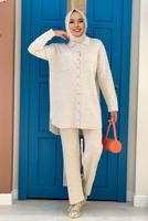 Tesettür giyim BEJ CEPLİ DÜĞMELİ KAPİTONE TUNİK 5216