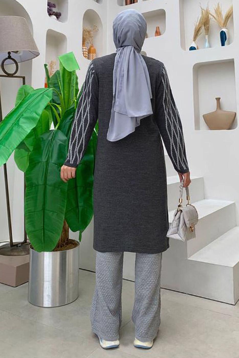 Tesettür giyim GRİ BAKLAVA DESENLİ TRİKO TUNİK T 53112