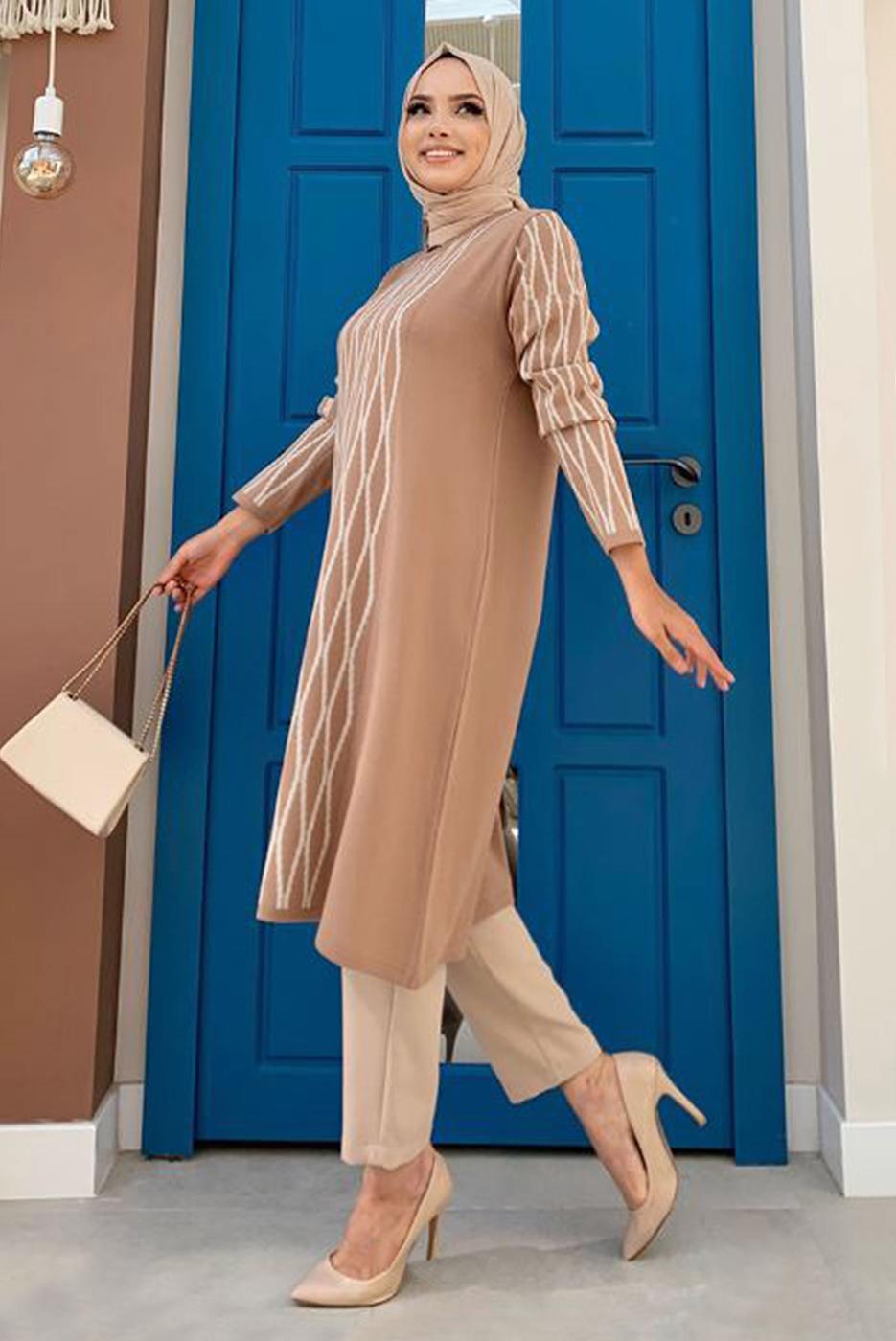 Tesettür giyim TABA BAKLAVA DESENLİ TRİKO TUNİK T 53112