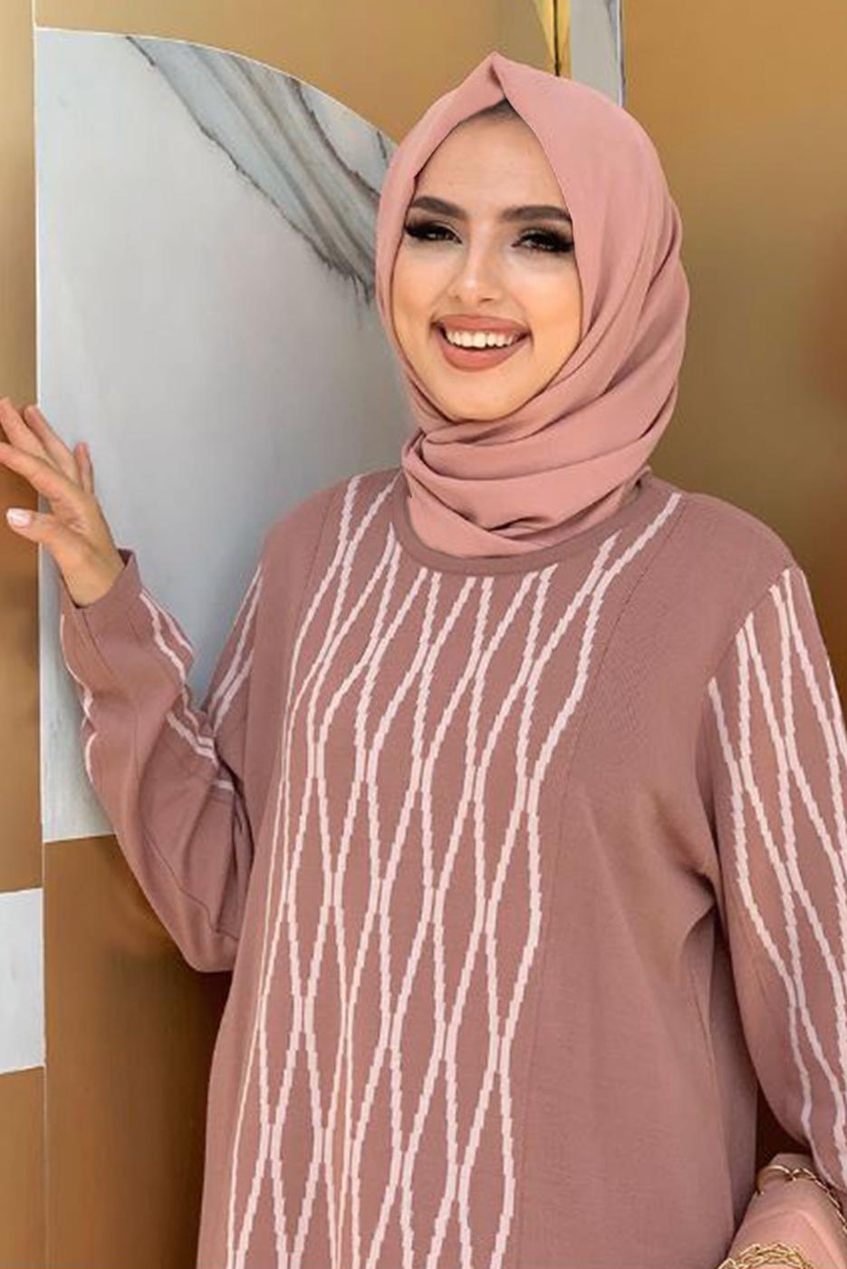 Tesettür giyim PEMBE BAKLAVA DESENLİ TRİKO TUNİK T 53112