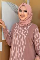 Tesettür giyim PEMBE BAKLAVA DESENLİ TRİKO TUNİK T 53112