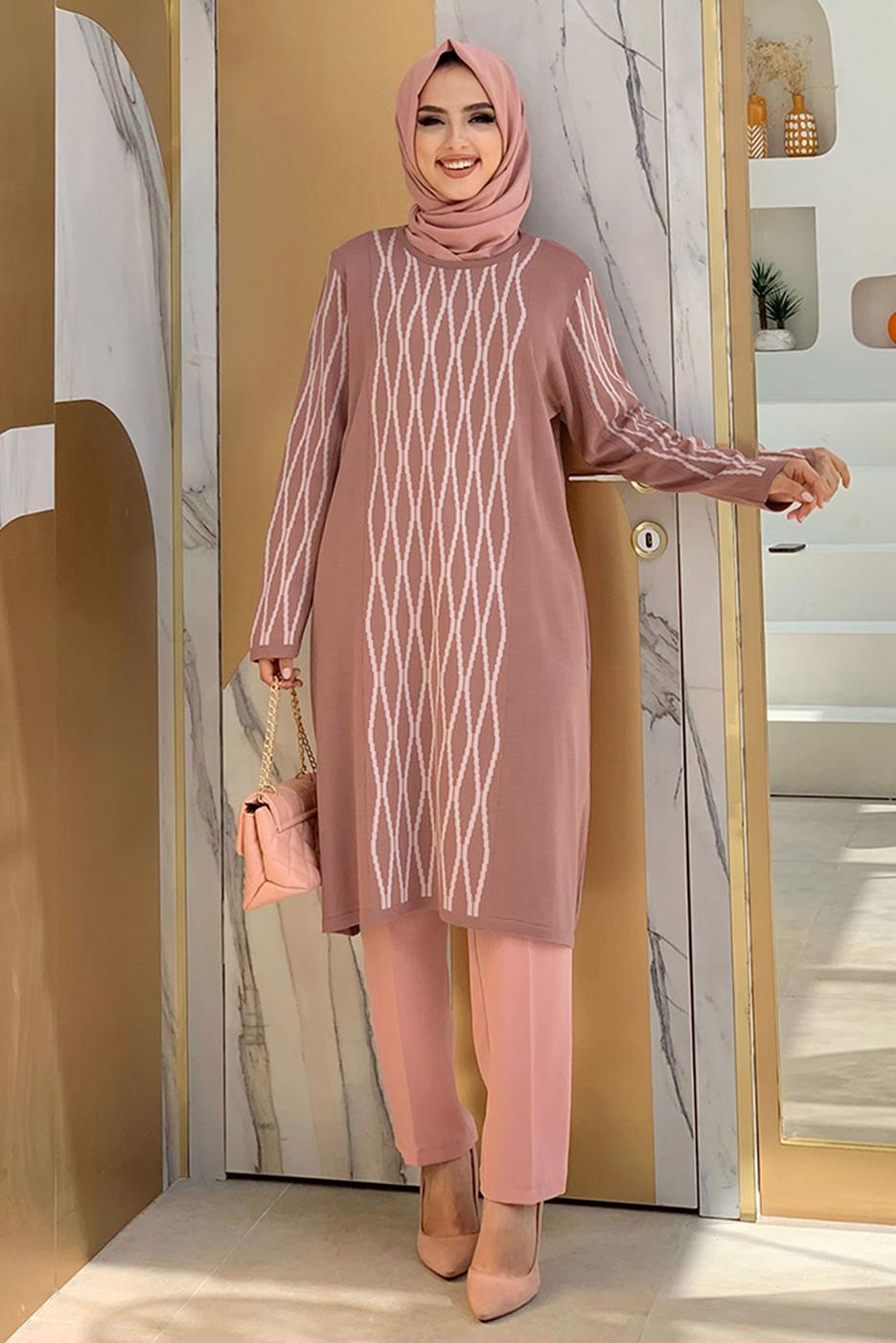 Tesettür giyim PEMBE BAKLAVA DESENLİ TRİKO TUNİK T 53112