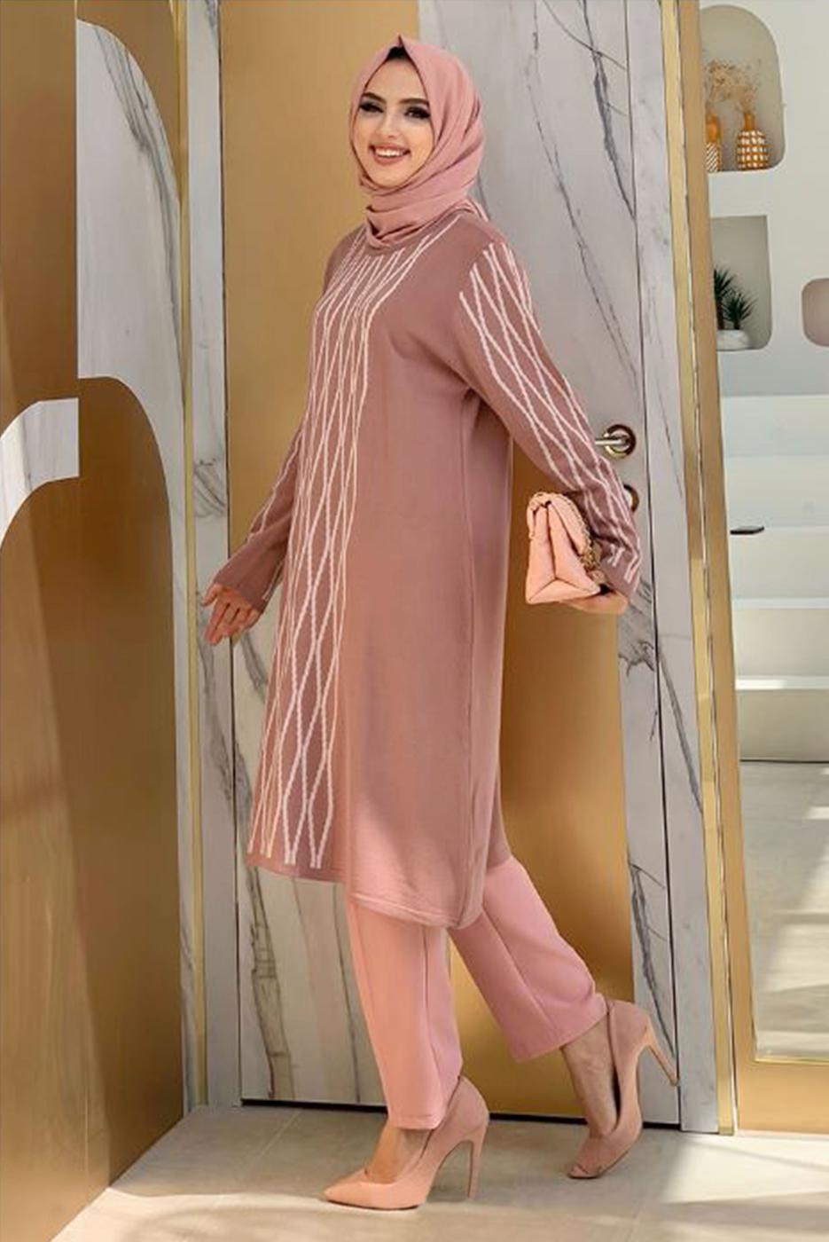 Tesettür giyim PEMBE BAKLAVA DESENLİ TRİKO TUNİK T 53112