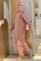 Tesettür giyim PEMBE BAKLAVA DESENLİ TRİKO TUNİK T 53112