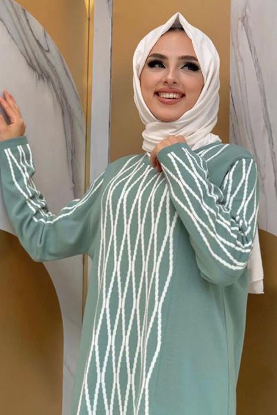 Tesettür giyim YEŞİL BAKLAVA DESENLİ TRİKO TUNİK T 53112