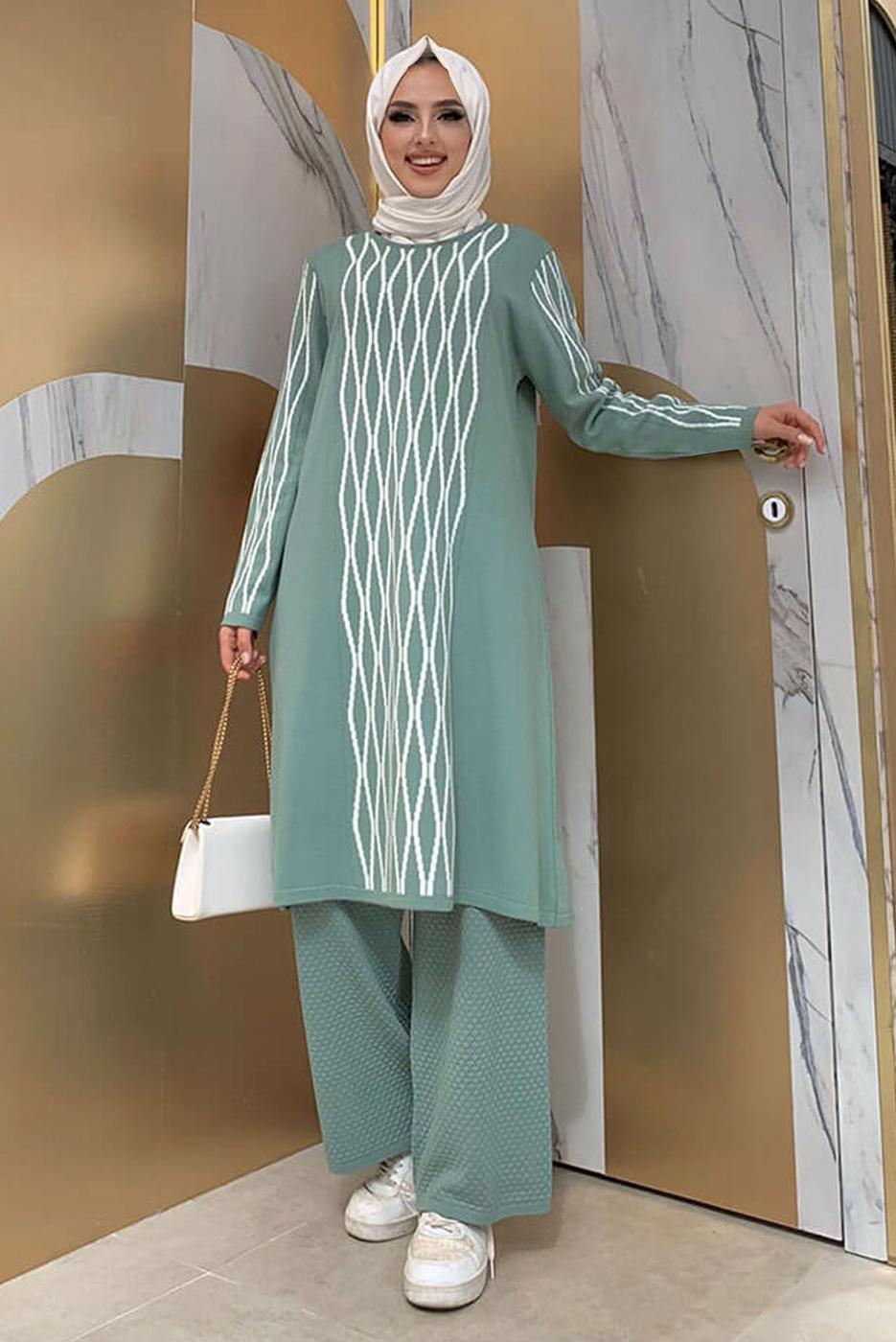 Tesettür giyim YEŞİL BAKLAVA DESENLİ TRİKO TUNİK T 53112