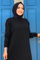 Tesettür giyim SİYAH KENDİNDEN DESENLİ TRİKO TUNİK 54102 
