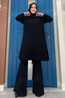 Tesettür giyim SİYAH KENDİNDEN DESENLİ TRİKO TUNİK 54102 