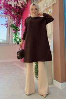 Tesettür giyim KAHVE KENDİNDEN DESENLİ TRİKO TUNİK 54102 