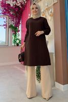 Tesettür giyim KAHVE KENDİNDEN DESENLİ TRİKO TUNİK 54102 