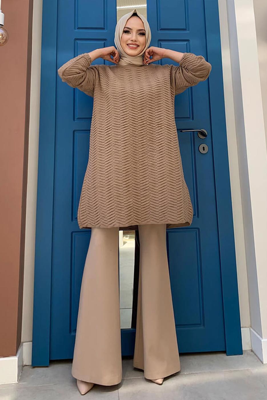 Tesettür giyim TABA KENDİNDEN DESENLİ TRİKO TUNİK 54102 