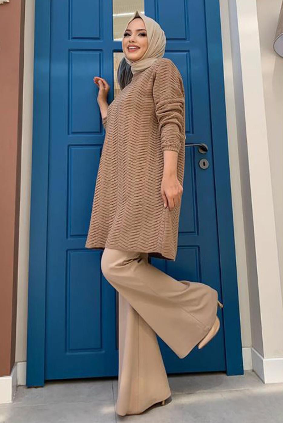 Tesettür giyim TABA KENDİNDEN DESENLİ TRİKO TUNİK 54102 