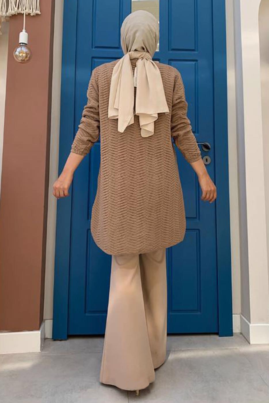 Tesettür giyim TABA KENDİNDEN DESENLİ TRİKO TUNİK 54102 